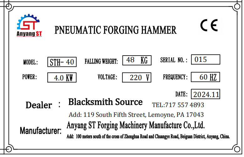 Anyang ST Power Hammers sold by Blacksmith Source will display our contact information